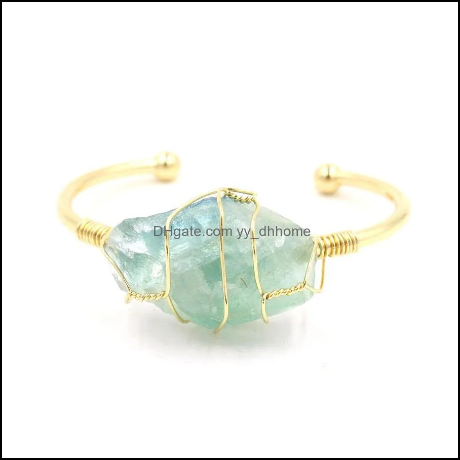 JLN Gemstone Wire Wrapped Bangle Irregular Raw Mineral Crystal Stone Gold Plated Cuff Open Bangle For Women Girl Gift