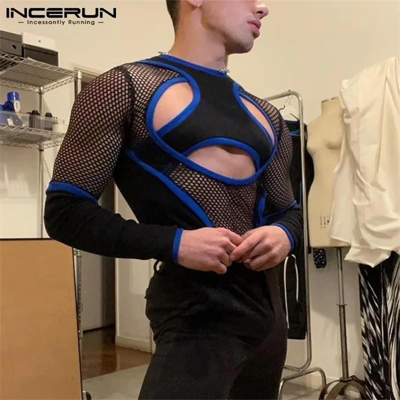 Mężczyźni T Shirt Mesh Patchwork Przeglądaj przez O-Neck Z Długim Rękawem Streetwear Hollow Out Topy Sexy Fitness Mężczyźni Clothing Concen 7 220407