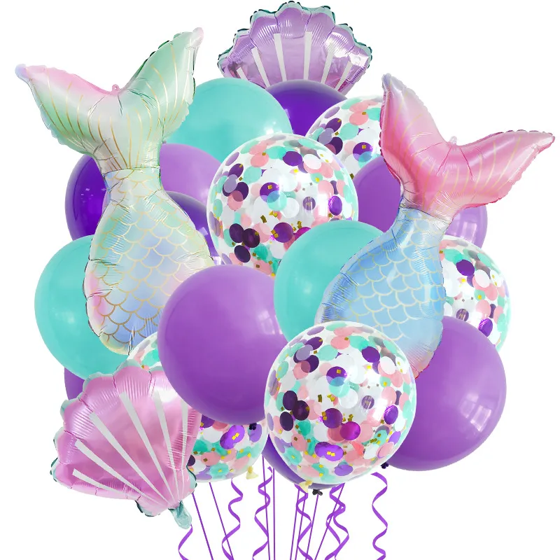 22pcs Mermaid Tail Balloons Set Theme Party Decor Aluminum Film Foil Latex Balloon Kids Birthday Decoration Supplies Cartoon Baby Shower Confetti Air Helium Globos