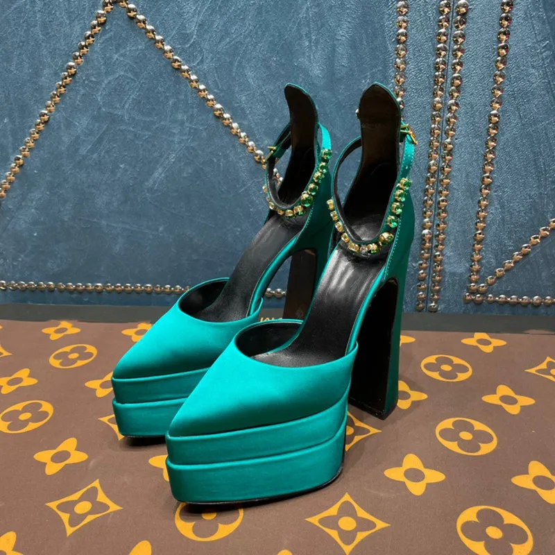 Pumps de plate forme en strass en cristal pour femmes chaussures habillees a talons hauts a orteil carre cuir authentique soie marron noir