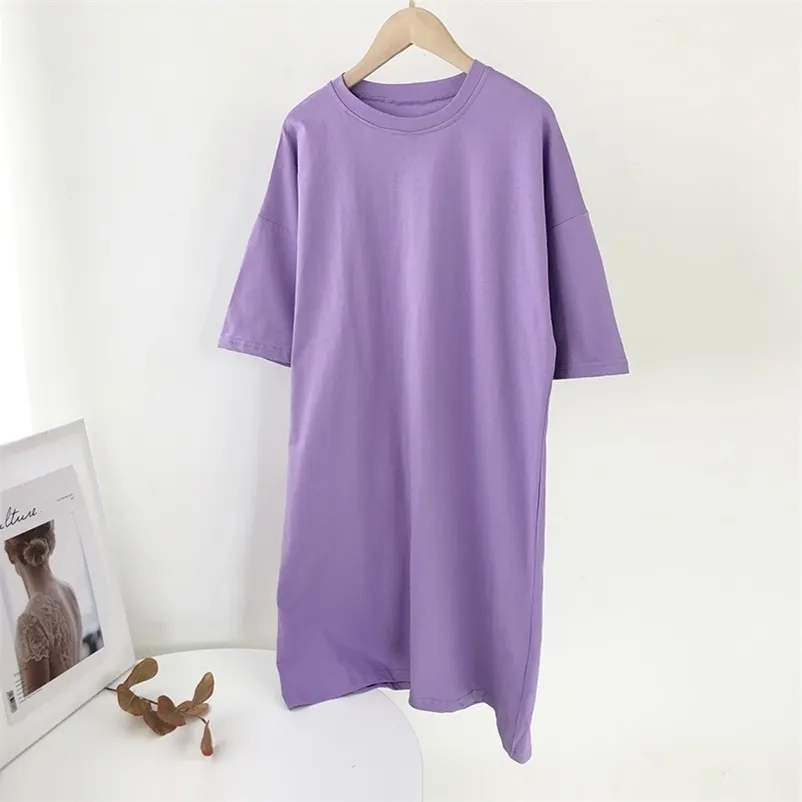 Été décontracté lâche solide coton t-shirt Robe femmes O cou surdimensionné Mini robes chauve-souris à manches courtes Robe de base robes 220513