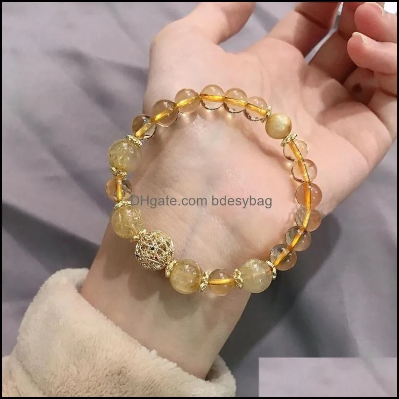 Pulseras con dijes Joyería Natural Cuarzo rutilado Citrino Cuentas de cristal Hebra hecha a mano para mujeres Encantos ajustables DHBdj