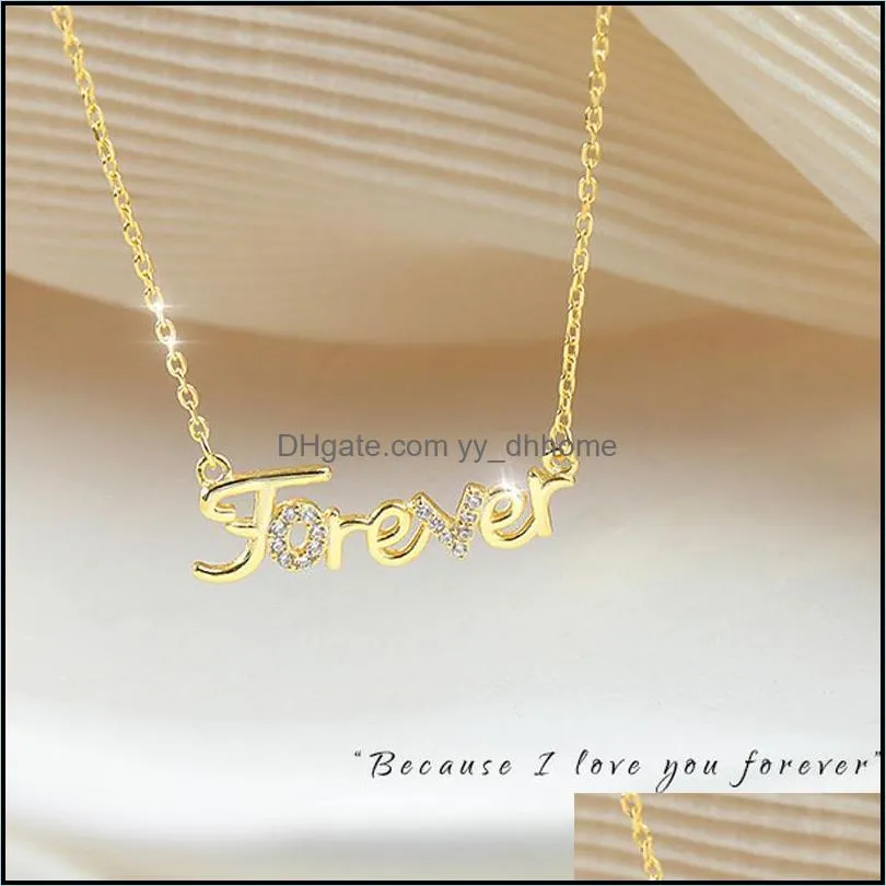 100% Genuine 925 Sterling Silver Link Chain Necklaces for Women Ladies INS Zircon Forever Letters Pendant Necklace YMN213