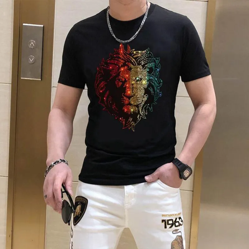 New Hot Diamond T-shirt da uomo Summer Short Sleeve Top Colorful Tiger Head Trend Slim Fit Mezza manica Youth Casual Male Bottoming Shirt Cotton Tees Abbigliamento uomo M-5XL