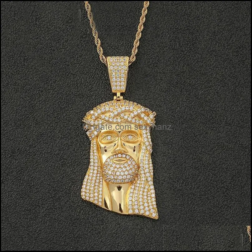 hip hop solid back 18k gold plated jesus head pendant necklace gold silver plated with rope chain