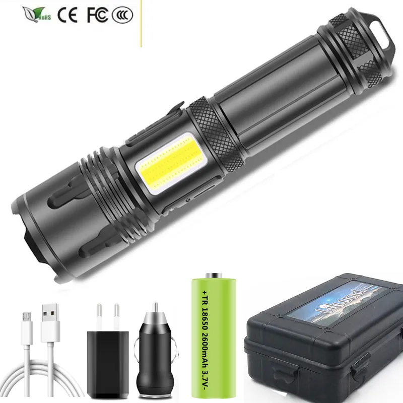 Nouveau USB rechargeable zoomable xhp70.2 lanterne en aluminium XHP100 18650 Batterie COB 9-royau lampe de poche LED Powerbank Fonction