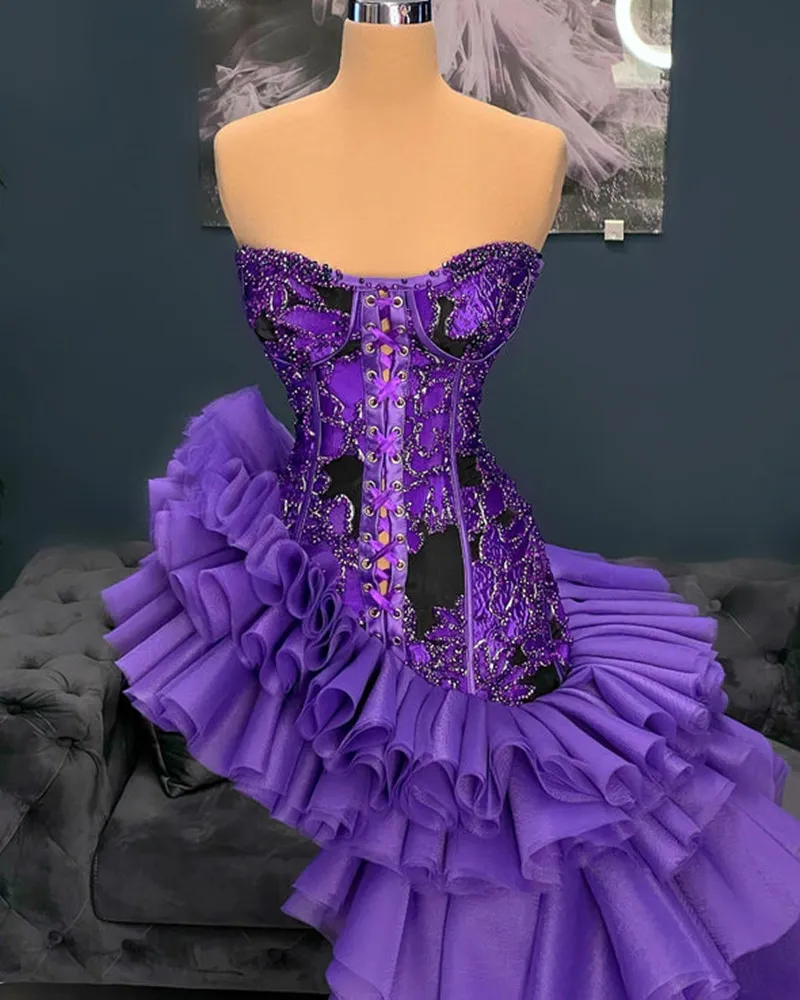 Vintage Purple Floral Ruffled Evening Gown Asymmetrical Ruffles Lace-up  Corset Back Crystal Beaded Gothic Prom Dresses