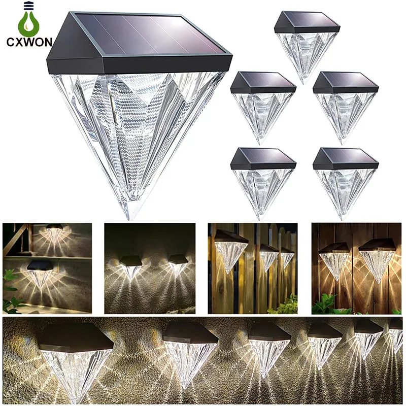 Solar Deck Lights Outdoor Fence Post LED Vattentät väggbelysning för Step Patio Garden Diamond Figurin Dekorativ belysning 6 Pack Varmvit