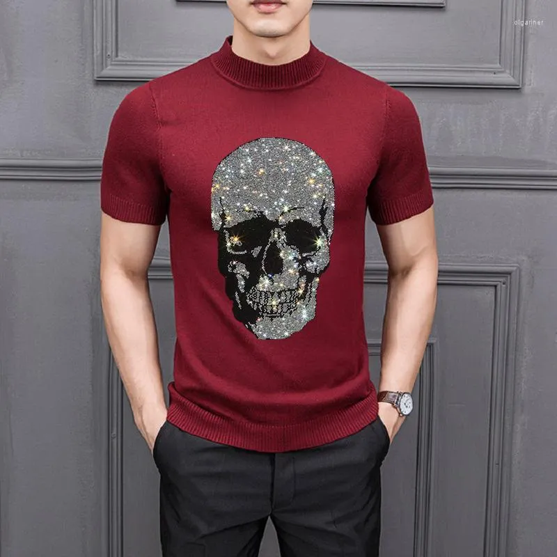 Men's Sweaters Autumn/Winter Super Shiny Rhinestone Big Skull Sweater 3D Pattern Cashmere Knit Men's T-Shirt Luxury Short SleeveMen's Ol