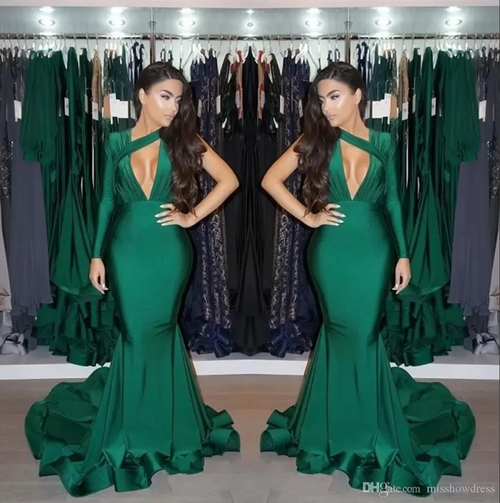 Dark Green One Shoulder Mermaid Prom Dresses 2022 Long Sleeve