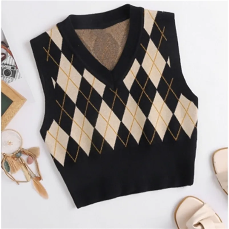 Autumn Women's Casual Sleeveless Plaid Sticked Crop Sweaters Argyle Print Sweater Vest Ladies V Neck Knit Sweater Vest 220719