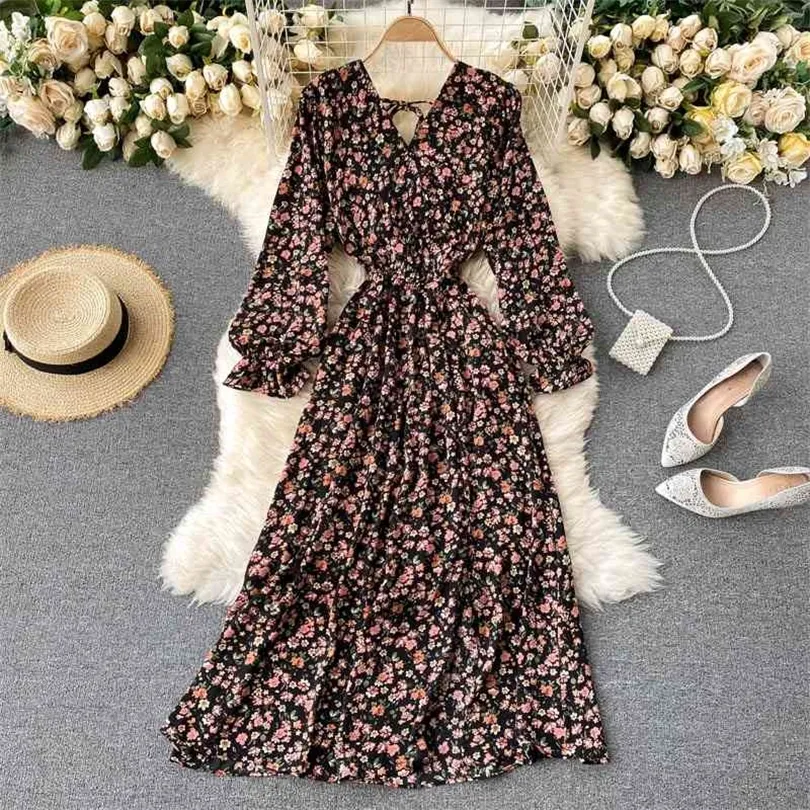 French Spring Summer Women's Floral Chiffon Dress Femme Robe Long Sleeve Fashion Sexy VNeck Vintage Dress Korean Clothing 210401