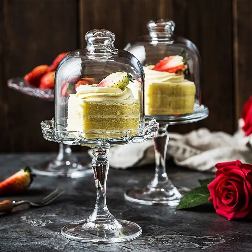 Plateau à gâteaux en verre européen avec couvercle anti-poussière, assiette à pâtisserie domestique, assiette à dessert occidentale, décoration de mariage à domicile T200506