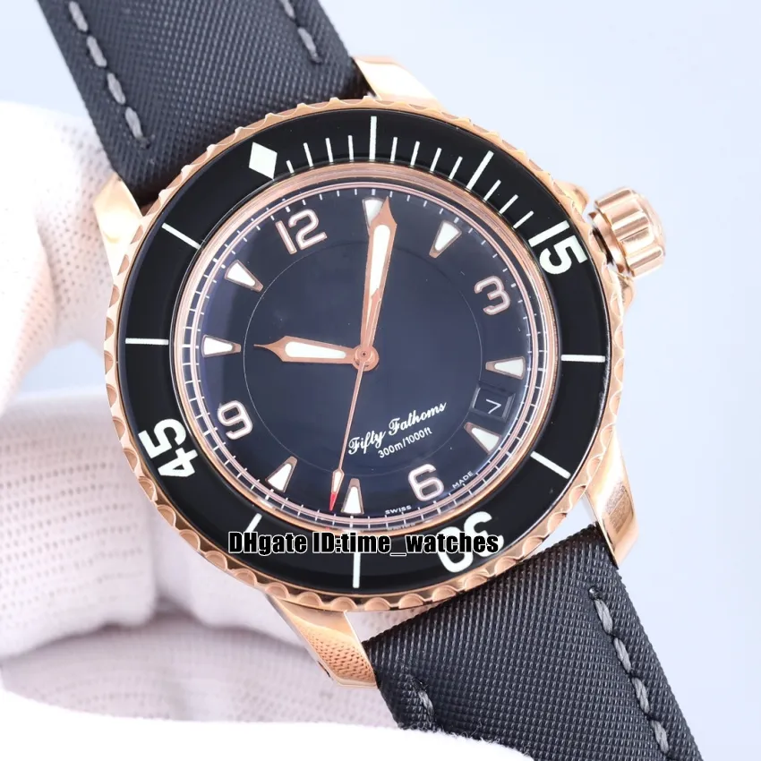 45mm Date Top Watch Fifty Fathoms 5015-3630-52A Miyota 9015 Automatique Cadran Noir Or Rose Boîtier Saphir Lunette Toile Bracelet Gents Sport Montres Super Lumineux