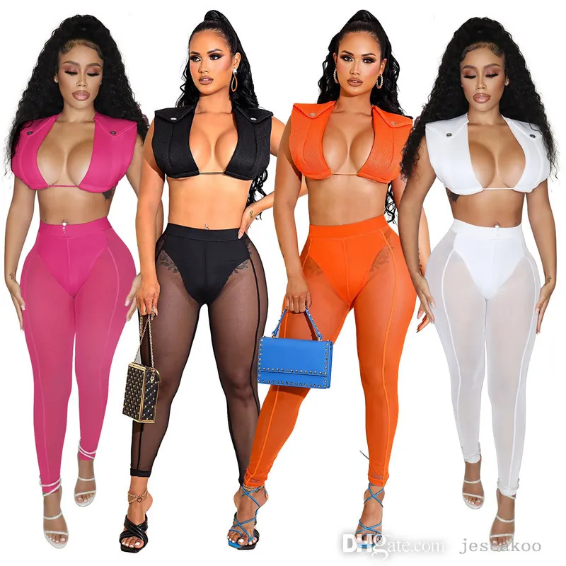 Ladies Two Piece Pants Set Sexy Perspective Mesh High Waist Leggings Exposed Navel Vest Top 2022 Summer Womens Sportswear