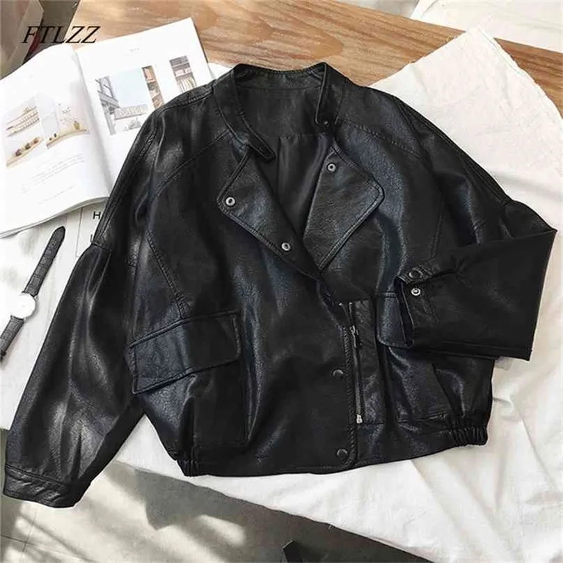 FTLZZ Frauen Kurze PU Leder Punk Jacke Schlank Reißverschluss Kunstleder Mäntel Weibliche Einreiher Motorrad Leder Oberbekleidung 210908