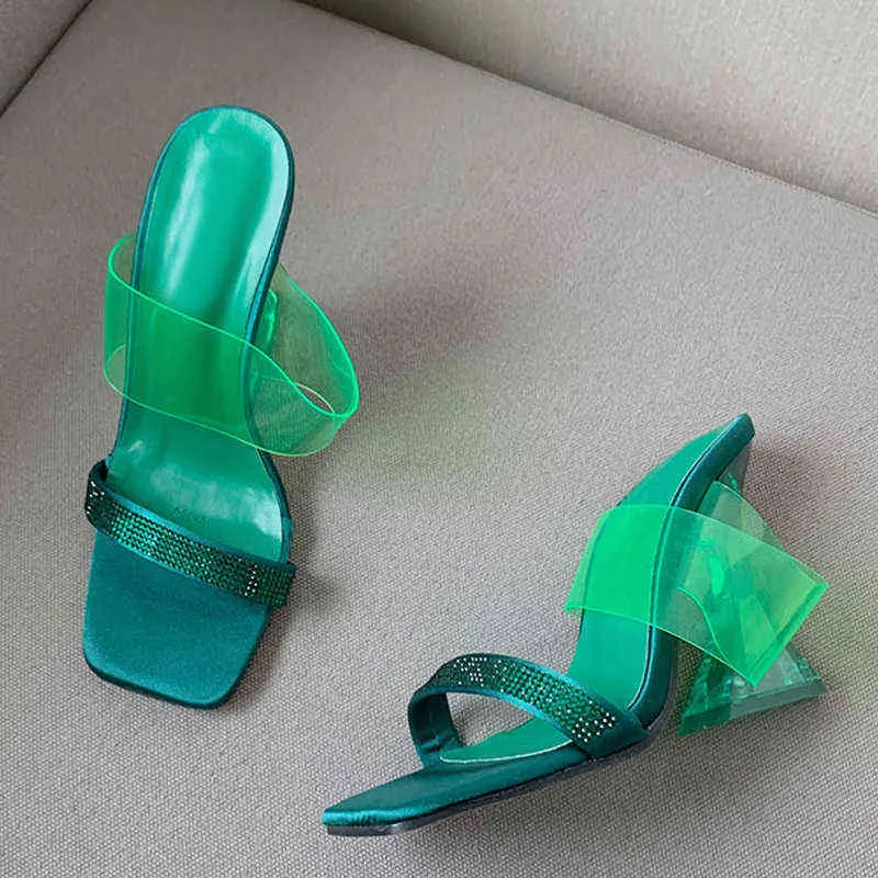 Nouveau cristal vert femmes Style étrange Transparent talons hauts pantoufles bout carré strass sandales chaussures de fête pompes 220530