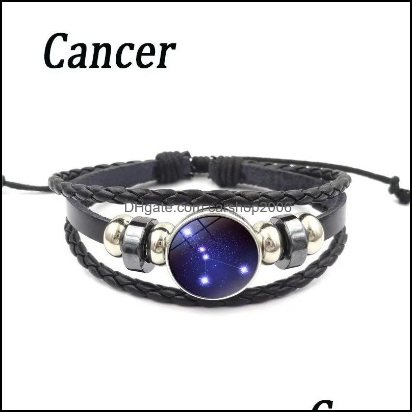 12 zodiac bracelet jewelry with genuine leather glass cabochon constellation zodiac signs multilayer charm bracelet bangle