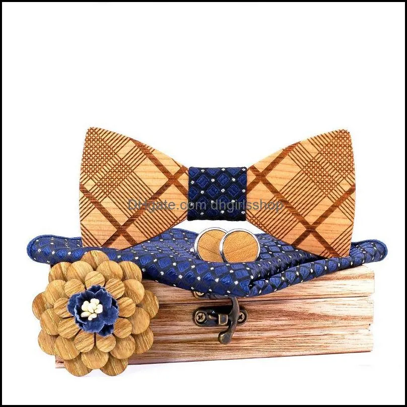bow ties manual wooden tie handkerchief cufflinks brooches set men`s wood bowtie for women groomsman suit accessories gift