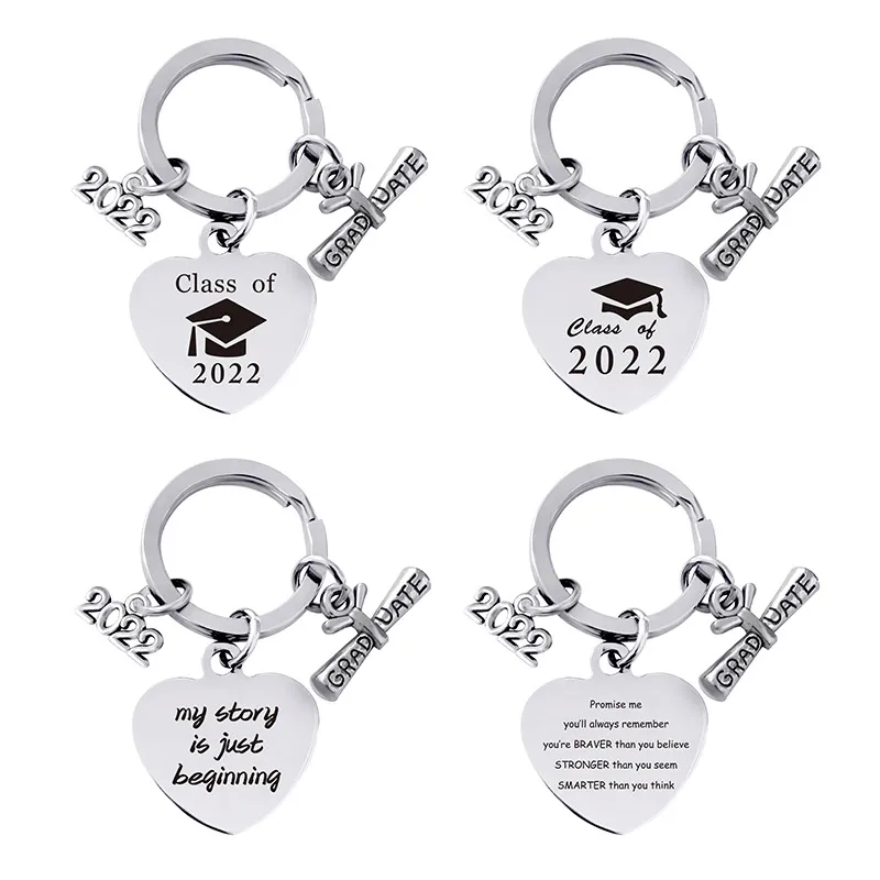 2022 Graduation Keychain Pendant Rostfritt stål Hjärtan Nyckelringar Key Chain Bagage Decoration Keyring Creative Graduation Gift