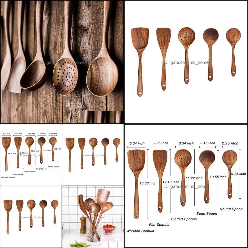 5PCS Wooden Spoons For Reusable Wood Kitchen Utensils Set Wooden Turner Spatula Rice Spoon Big Soup Scoop For Cooking Utensils