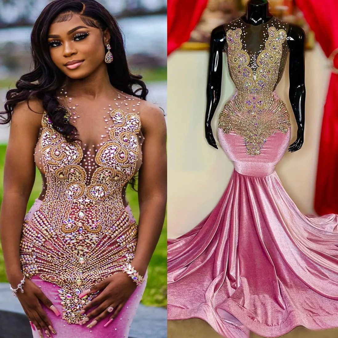 2022 Plus Size Arabic Aso Ebi Mermaid Luxurious Pink Prom Dresses Pärled Crystals Evening Formal Party Second Reception Birthday Engagement Gowns Dress ZJ377