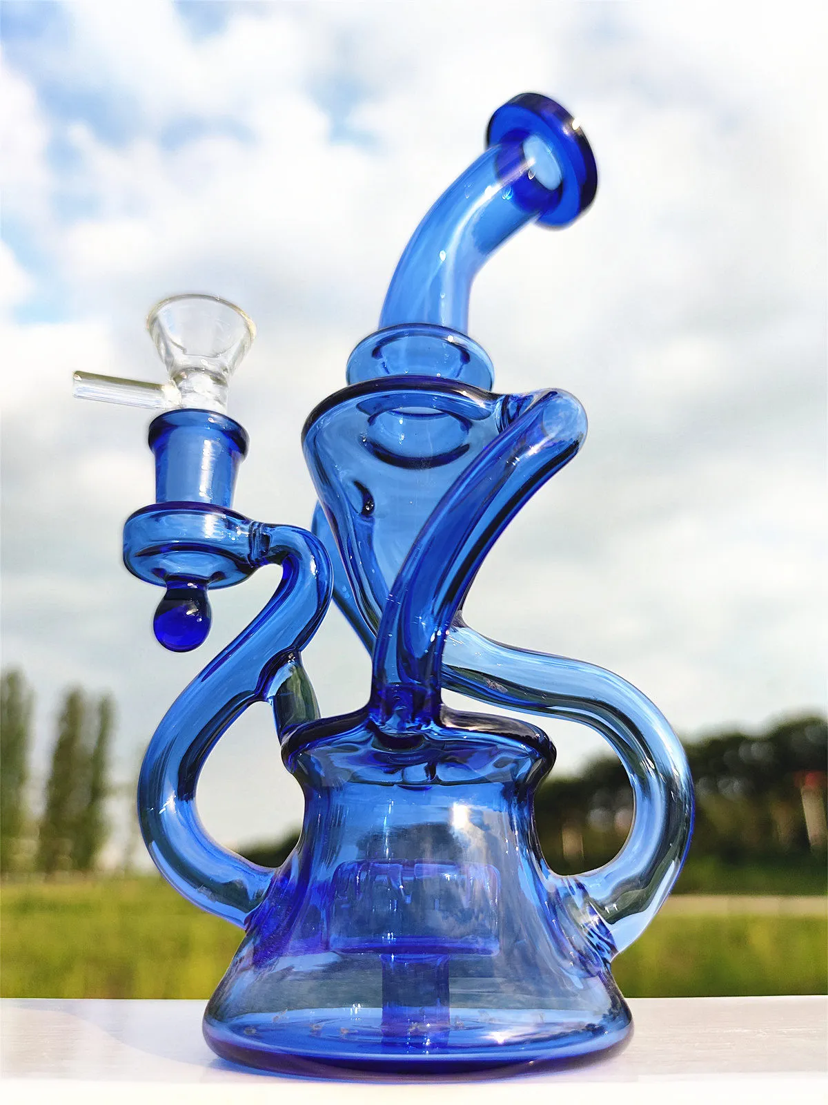 9.3 Inch Blue Twin Chambers Hookah Glass Bong Dabber Rig Recycler Pipes Water Bongs Smoke Pipe with 14mm Female Joint