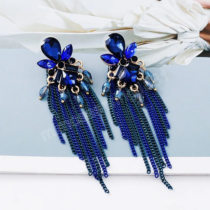 Blue Crystal Long Metal Chain Dangle Drop Earrings High-Quality Luxury Fashion Rhinestone Jewelry Accessories For Women