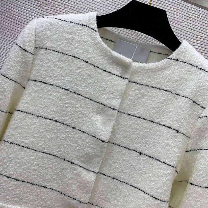 Women's Jackets New gold button striped tweed round neck long sleeve short coat without dust bag