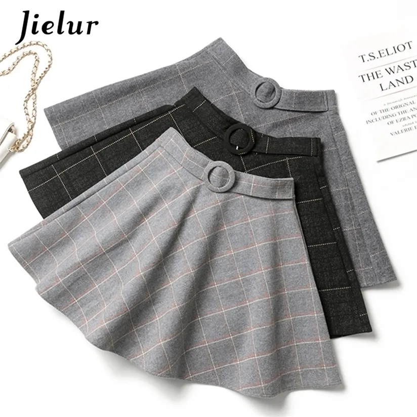 Jielur Plaid Femmes Jupe Hiver Mince Noir Saia Faldas Chic Mini A-ligne Haute Wiast Zipper s Automne S-XXL 220322