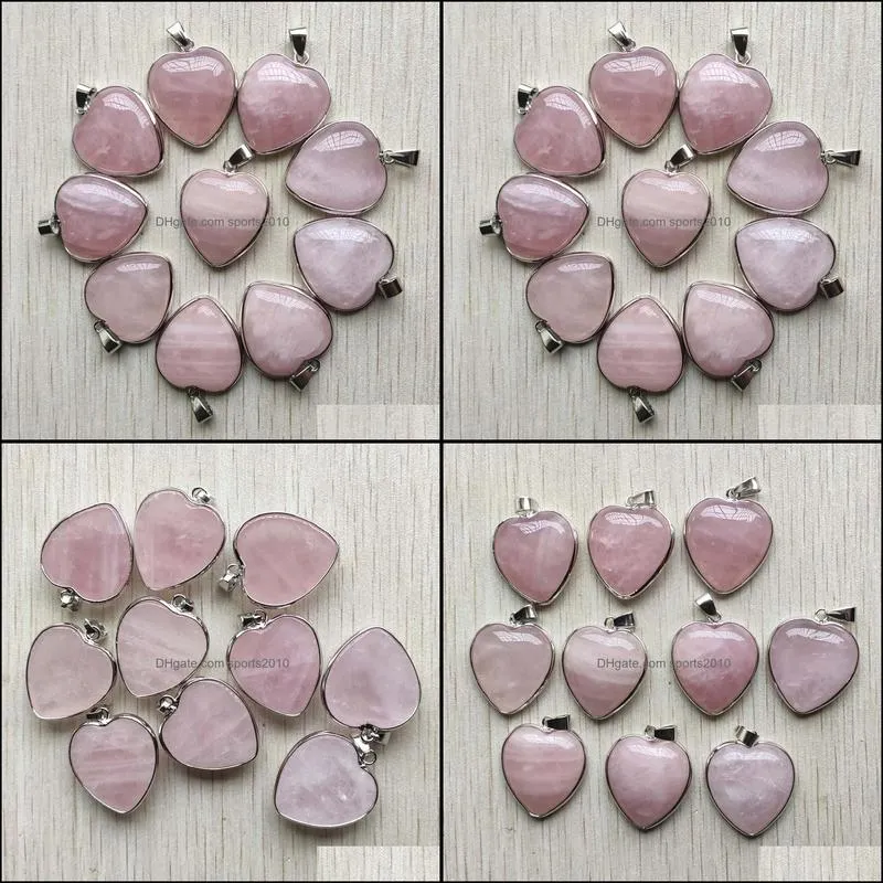 trendy natural rose quartz stone charms silver sided heart pendants 25mm for necklaces jewelry making wholesale