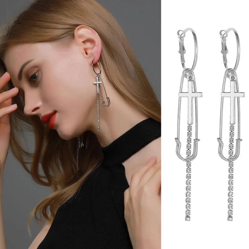 Dangle Earrings & Chandelier Simple Punk Hip Hop Safety Pin Stud Cross Metal Gold/Silver Color Earring For Women And Men Party Jewelry GiftD