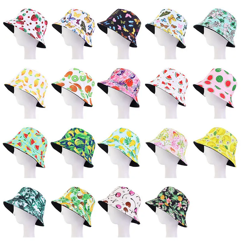 Sombrero de cubo de estilo rural de verano Sombrero de pescador de algodón unisex Frutas Mariposa Impresión floral Visera Gorras Desgaste de doble cara Sombreros de pesca Al aire libre Fácil de llevar