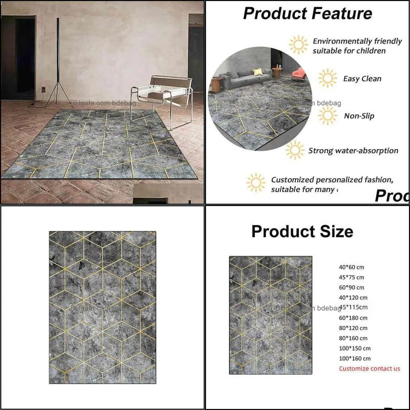 Bubble Kiss Luxury Black Gray Marble Pattern Carpet In The Living Room Golden Line Nordic Bedroom Rugs Home Decor Bedside Mat W220328