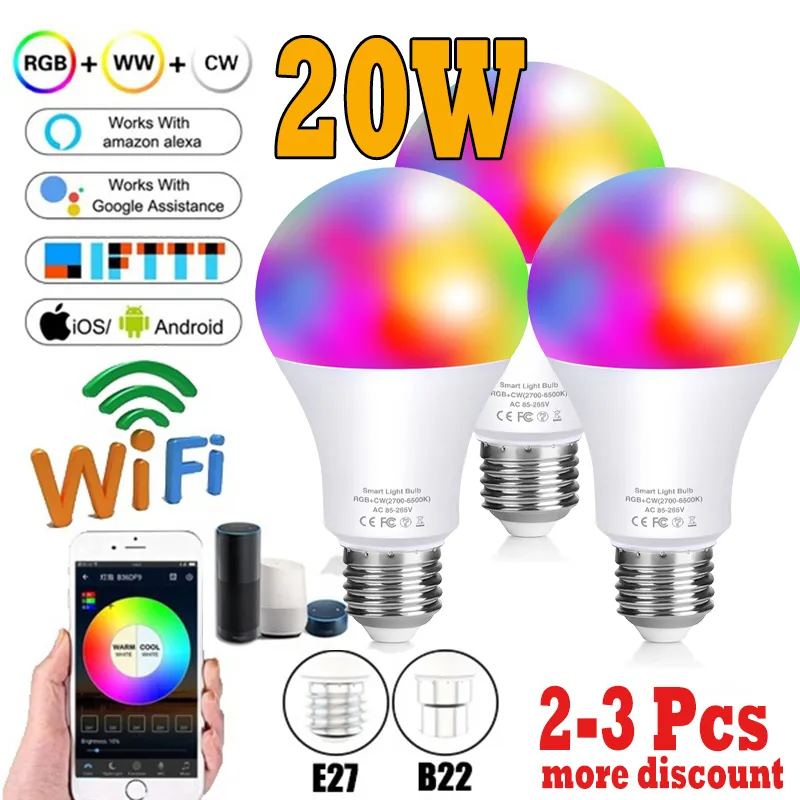 Lâmpada Inteligente 5W-20W RGB Regulável Mudança de Cor Funciona com Alexa/Google Home Wifi Bluetooth APP ou Controle Remoto