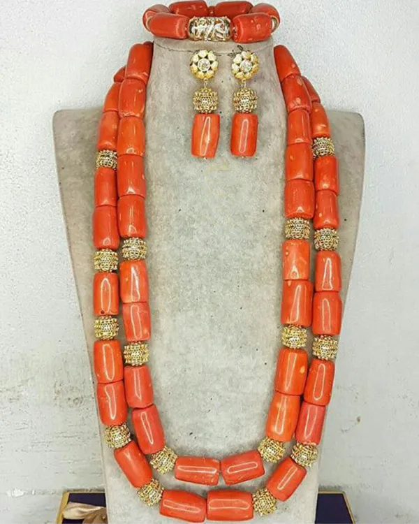 Nigeria Wedding Jewelry Handmade Original Coral African Beads Jewelry Set Gold Dubai Women Costume Jewelry Set Coral Party ABG8 220716