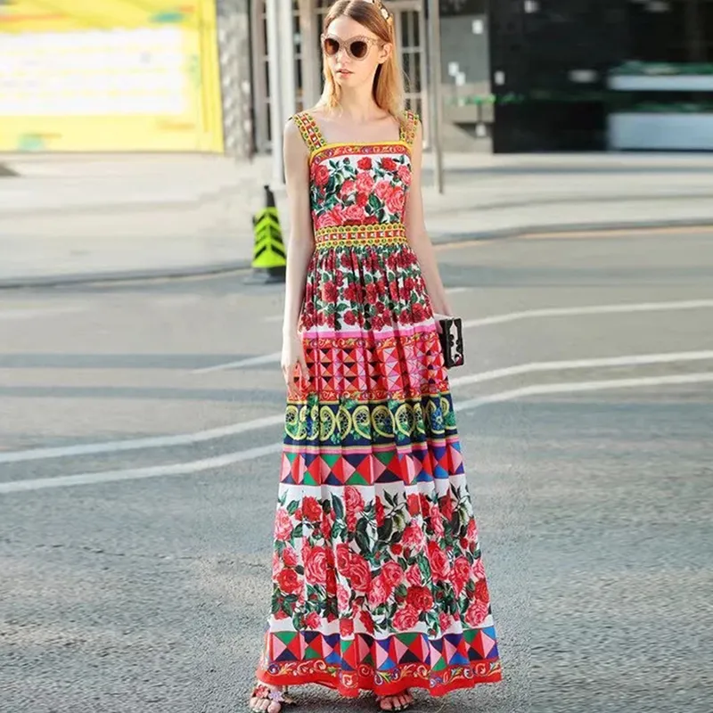 Women's Runway Dress Spaghetti Straps Printed Elegant High Street Fashion Maxi Summer Holiday Dresses Vestidos