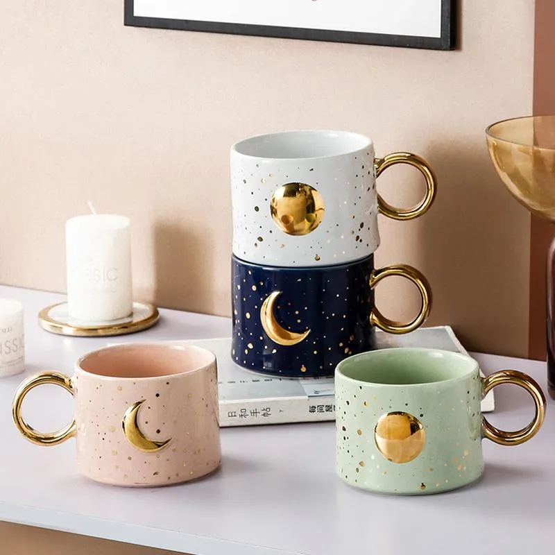 Tassen Kreative Keramik Gold Mond Sonne Kaffee Mit Handgriff Porzellan Tee Milch Tassen Nordic Hause Büro Wasser Becher Tasse nette GiftMugs