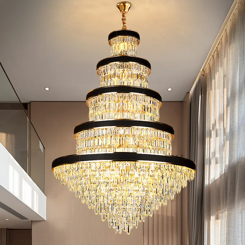 American Modern K9 Crystal Chandeliers Lights Fixture LED Luxurisk läderkronkrona Big Long Home Hall Loft Stair Indoor Lighting Diameter120cm höjd180 cm