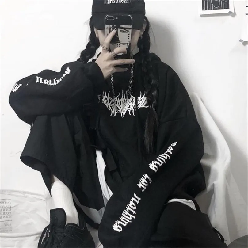 Vrouwen Losse Streetwear Black Sweatshirt Gebreide Hooded Sexy Print Hoodies Mode Truien Lange Hoodie Tops Harajuku 220406