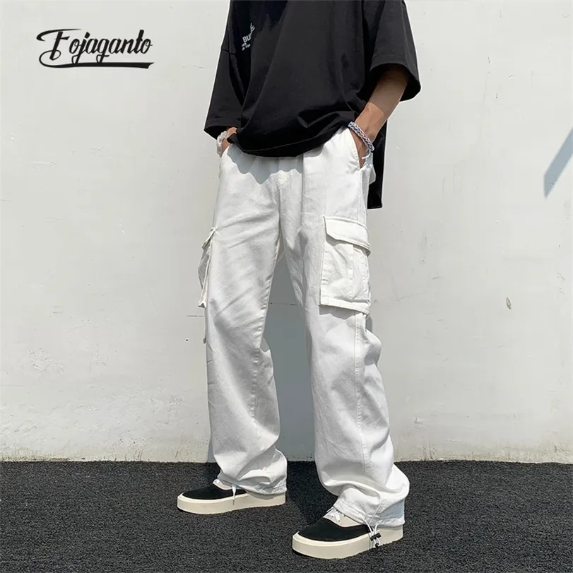 FOJAGANTO Spring Men's Cargo Pants Korean Solid Color Multi-Pockets Straight Hip Hop Street Casual Loose Trousers Male 220330