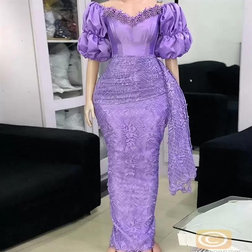 Nouveau designer charmant aso ebi lavande sirène robe de soirée manches courtes manches de lace à épaule robes de bal pour femmes robes de fête faites sur mesure