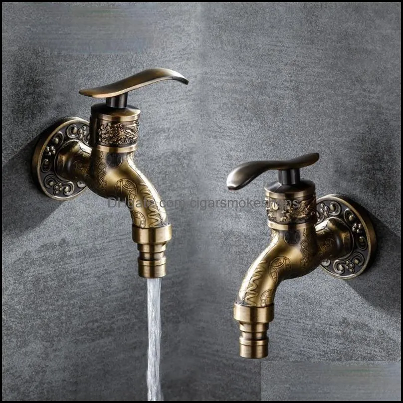 Carved Wall Mount Zinc Alloy Antique Bibcock Garden Wash Basin Faucet Decorative Outdoor Mop Taps Torneira Parede Bathroom Sink Fa169e