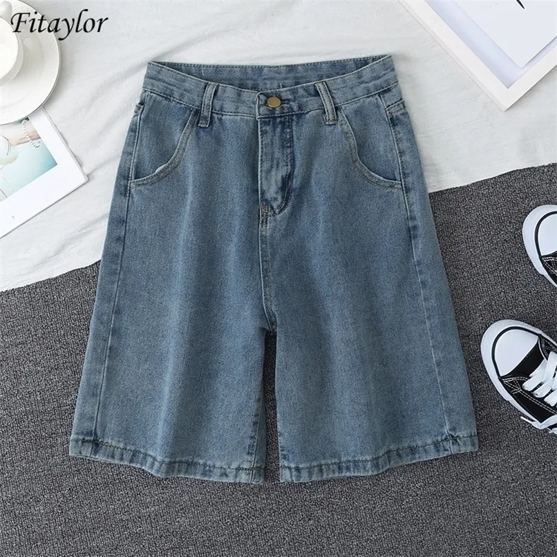 FI Summer Women High midja Blue Wide Leg Denim Shorts Casual Female Solidwear Stright Jeans Bermuda Shorts 220527