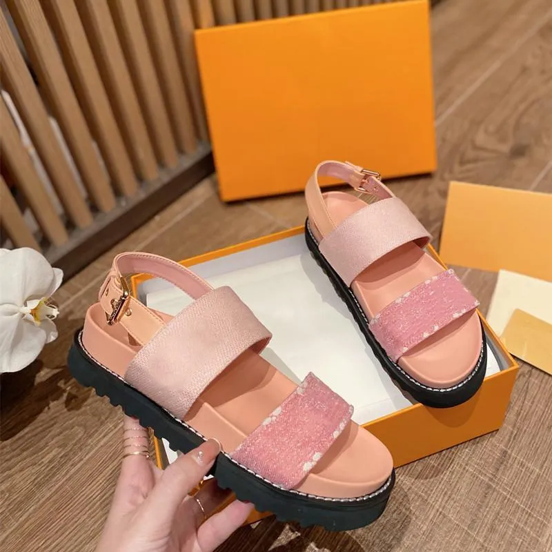 Women s Designer Sandals Paseo Flat Comfort Calf Leather On Trend Mono Gram Denim with Signature Gold Tone Buckle