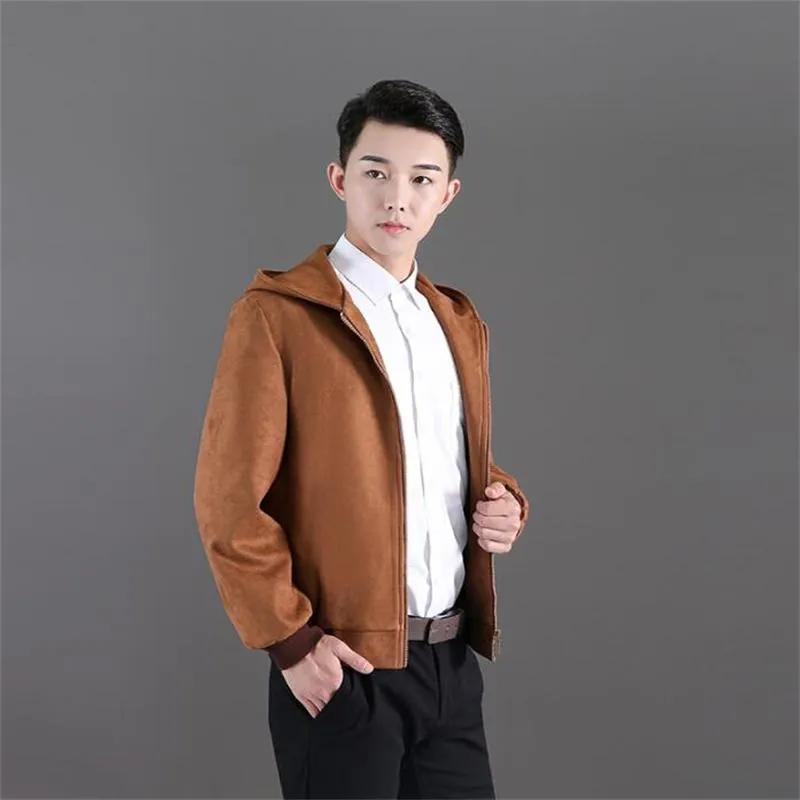 Men's Jackets Classic herenjagen Retro Hooded Wind Regen Warm Deersin Fleece Dikke Korte Kleding Spring Autumn Black Gray Brownmen's