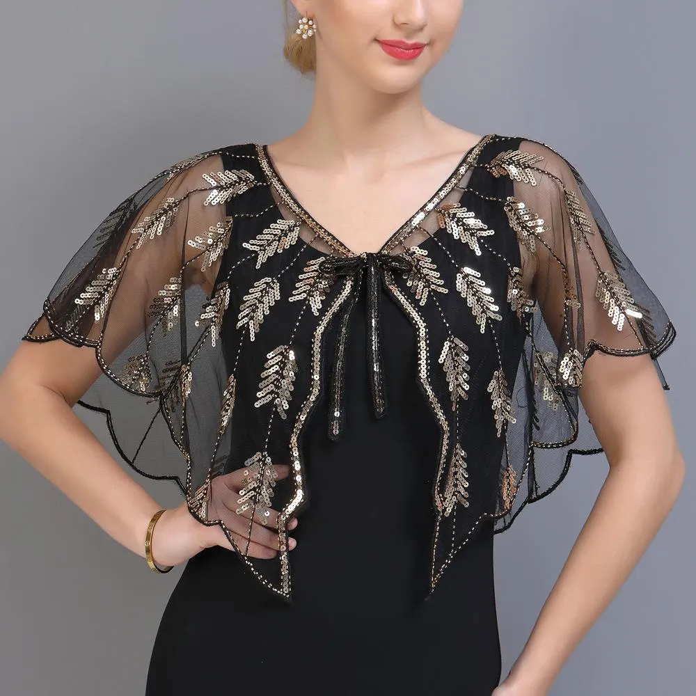 Retro 1920s Beaded Wrap Sequin Shawl Vintage Flapper Evening Cape Sheer Mesh Embroidery Leaf Women Bolero Party Accessories