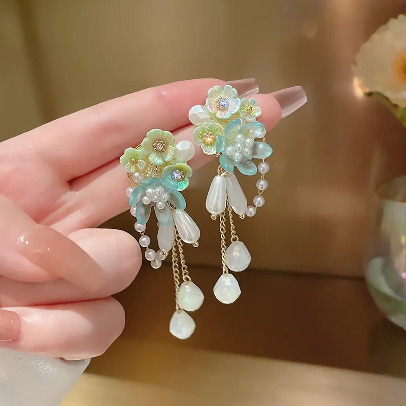 Dangle & Chandelier Elegant Oval Pearl Resin Flower Tassel Summer Earrings Beach Holiday New Fashion Jewelry Boho Green pendientes