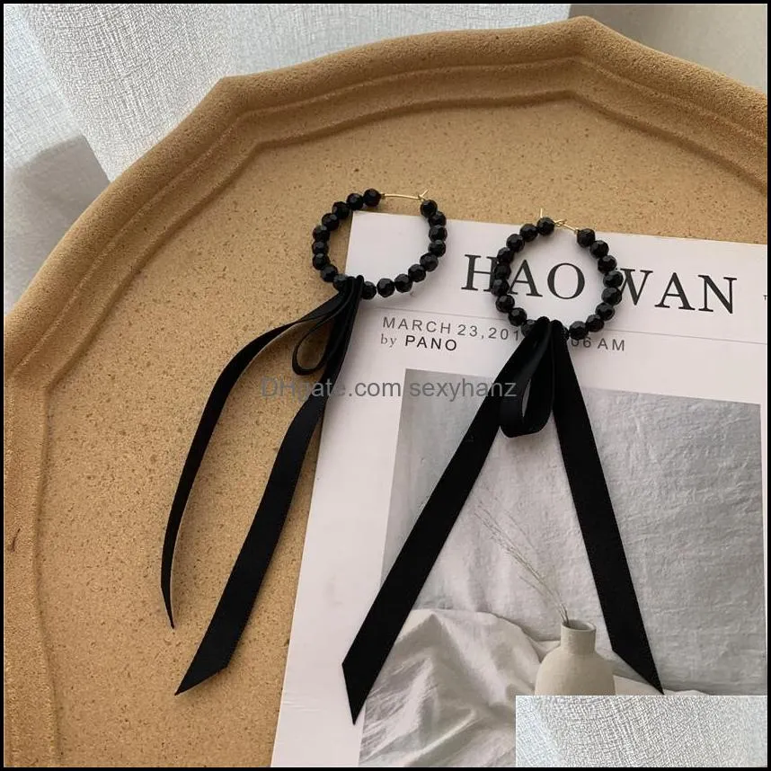 Korean Women Temperament Black Crystal Earrings Contracted Long Ribbon Drop Earrings