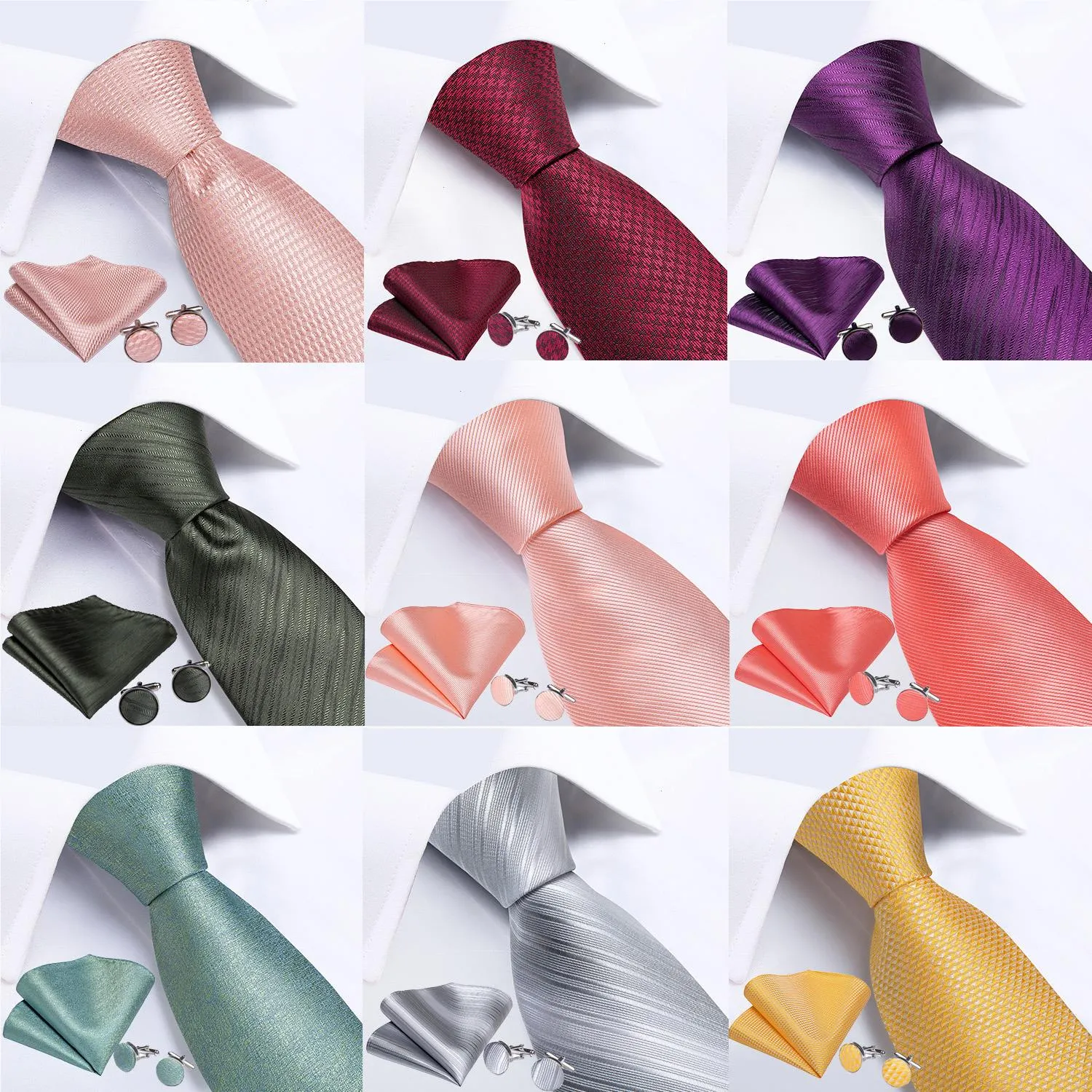 Dibangu Men Tie Solid Pink Color Formal Wedding Necktie Silk Jacquard Woven Handkerchief Cufflinks For Business Suit